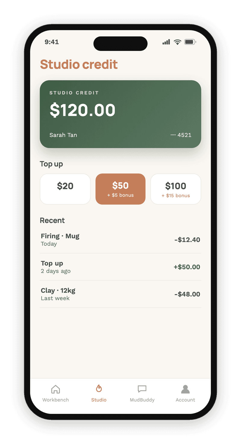 MudBuddy studio app, credit screen