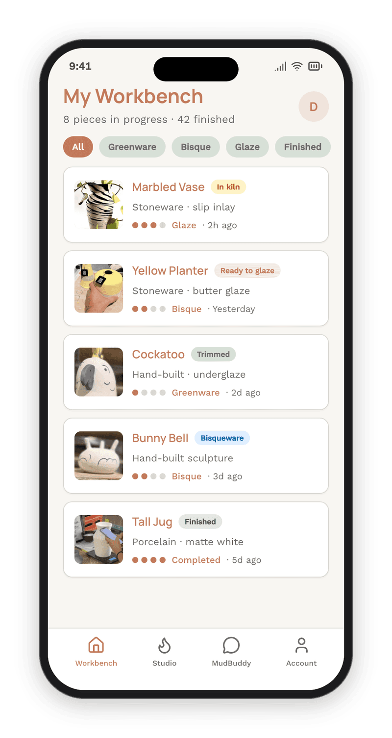 MudBuddy potter app, workbench screen